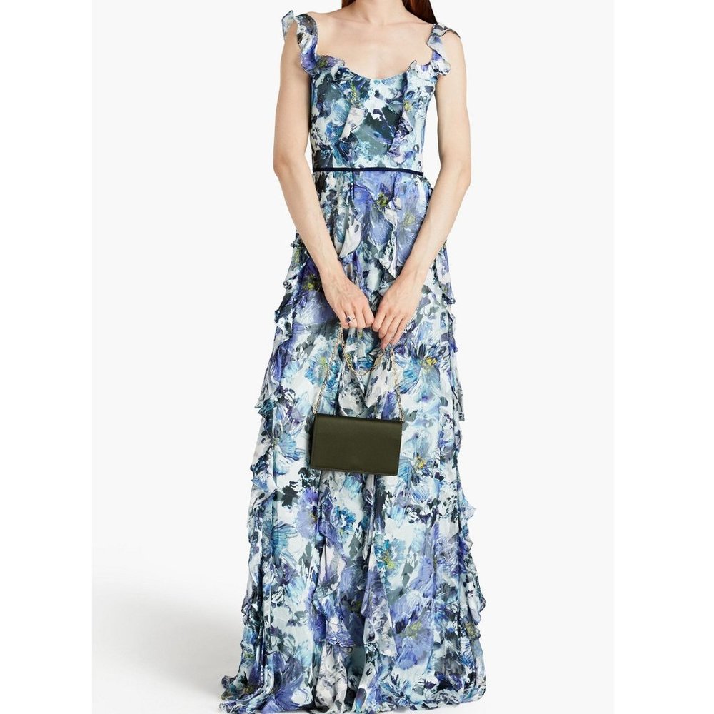 Marchesa Notte Burnout Floral Ruffle Print Gown